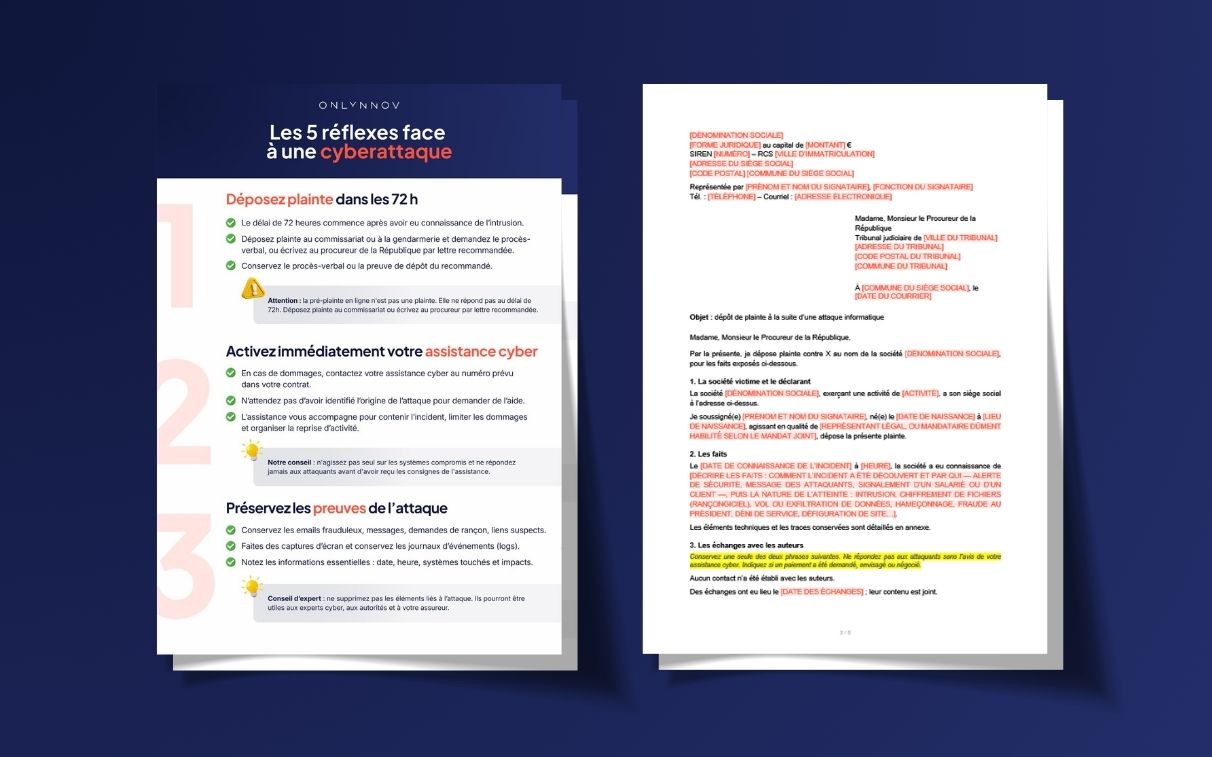 Fiche réflexe cyberattaque (PDF, 5 réflexes) et modèle de lettre de plainte au procureur (Word) à télécharger